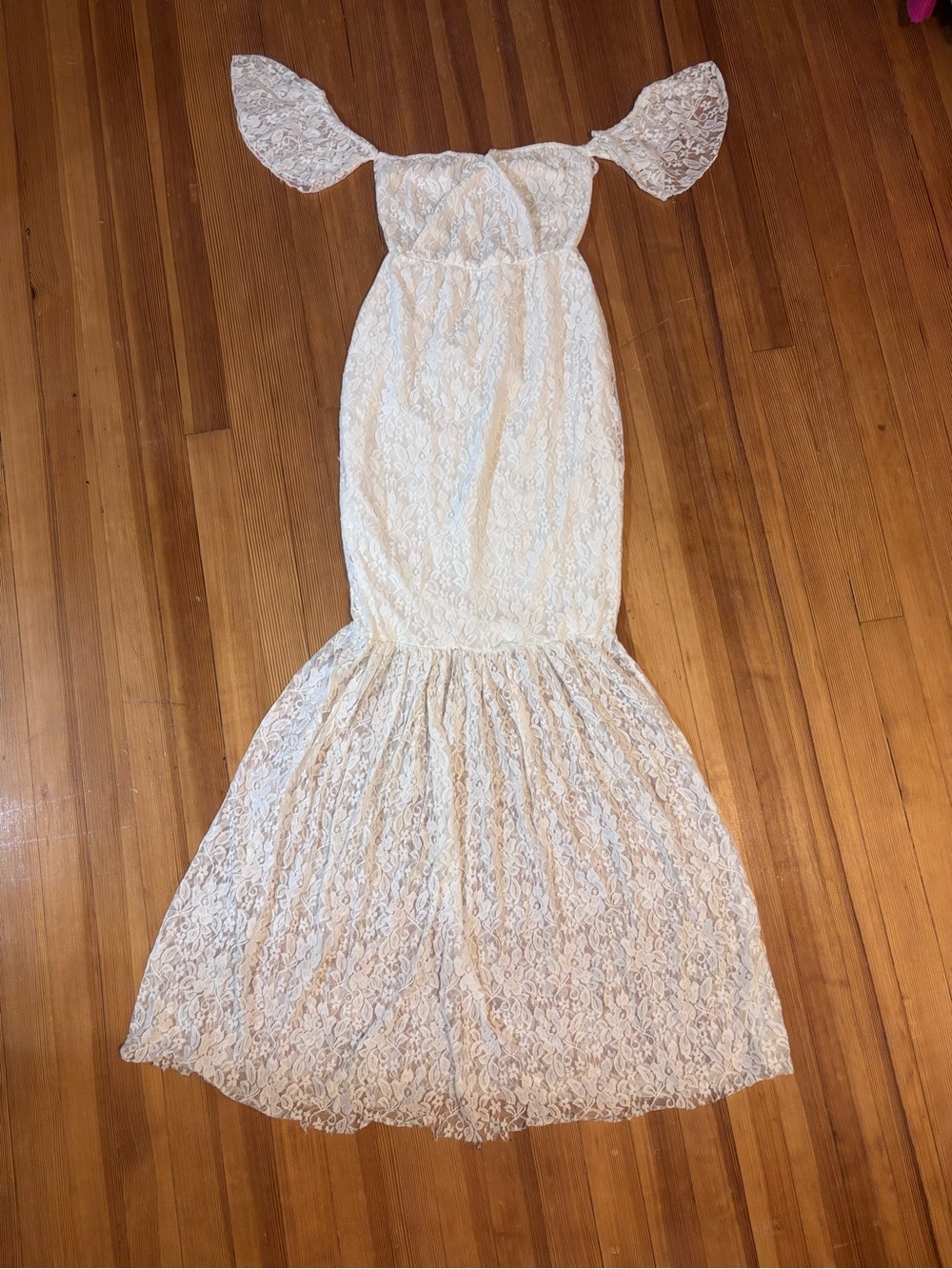 Maternity Off Shoulder Lace Long Mermaid Maxi Dress - Picture 3 of 6